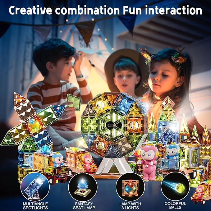 Deluxe Quality Magnetic Tiles Building Set with Attractive Reflective Pattern, LED Lights, Marble Run, and Cars - STEM Educational Toy for Creative Kids Girls Boys 3+ (147 pcs Big Castle with 2 Cars)