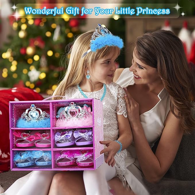 Girls Princess Dress Up Shoes and Jewelry Boutique DISHIO Upgraded Princess Shoes and Accessories with 4 Pair of Princess Play Shoes and Jewelry Set for Toddlers Little Girls Aged 3 4 5 6