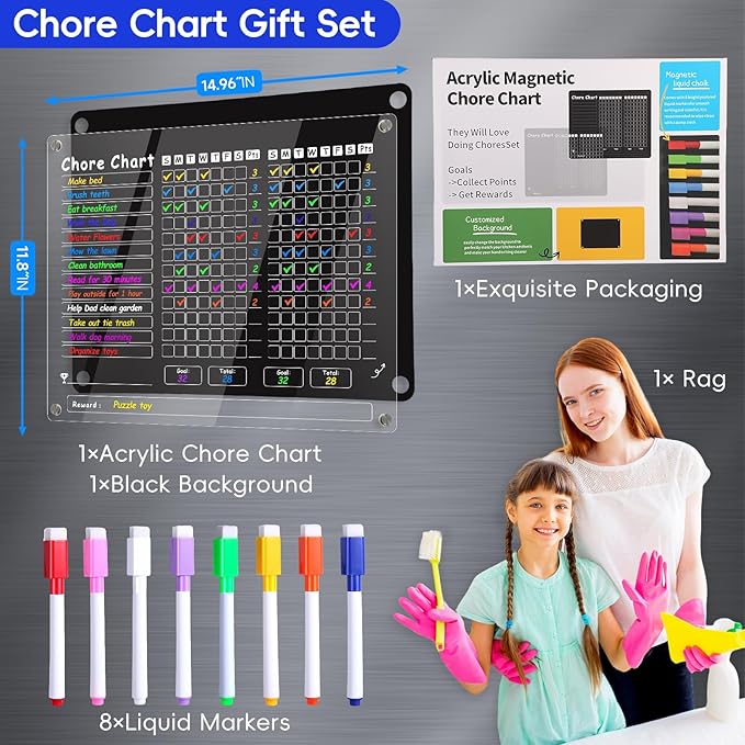 Acrylic Magnetic Chore Chart for Kids Multiple Kids，15"x11.8" Clear Dry Erase Reward Chart -Behavior and Responsibility Refrigerator Board for at Home Kids, Teens(w/ 8 Markers & Towel)