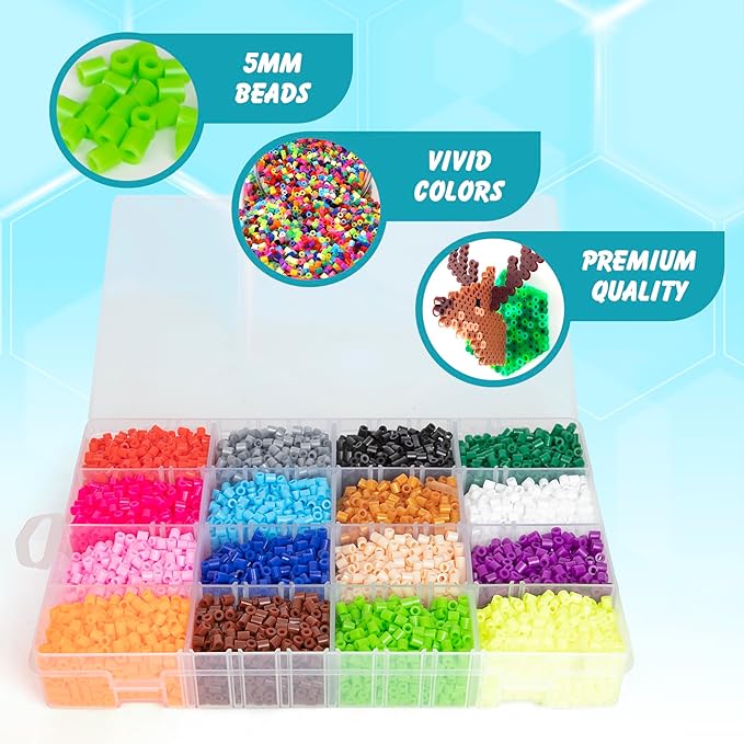 Darice Fuse Beads Kit - 10,000 pcs, 5mm Iron Bead 16 Colors with Storage Case, Non-Toxic Art and Craft Melty Beads for Kids in 16 Colors for DIY Projects & Perler Art, Ages 6+
