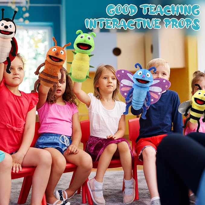 Lenwen 6 Pcs Operation Christmas Items Bulk Animal Hand Puppets with Working Mouth 10 Inches Plush Puppets for Toddler Kid Storytelling Imaginative Role Play Show Party Gifts(Insect)