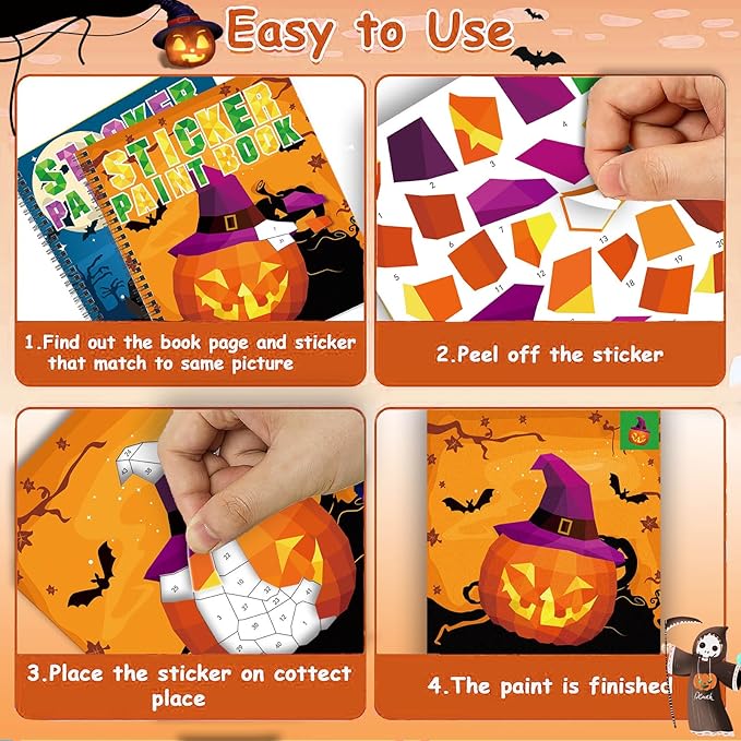 Omgouue 2PCS Halloween Crafts for Kids Ages 4-8 Sticker Paint Books Includes Pumpkins Spiders Tombstones and More Designs Gift Party Create 20 Pictures Sticker Sheets are Separate