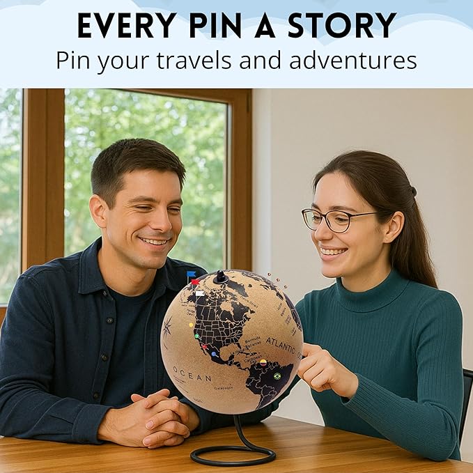Large Cork Globe 12.6" Tall | World Travel Map with Metallic, Colored & National Flags Push Pins | 3D World Map Pin Board for Home or Office | Unique Gift for Travelers, Couples & Families
