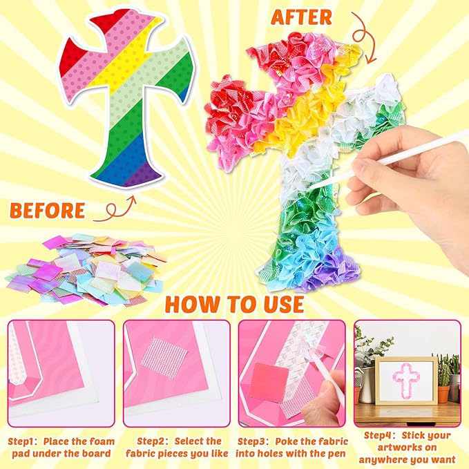 8PCS Poke-in Craft and Art Kit Kids Religious Cross Themed No-Mess Fabric Sewing Art Girl Boy 4-12 Puzzle Puncture Painting Christian Sunday School VBS Creative Activity Game Birthday Party