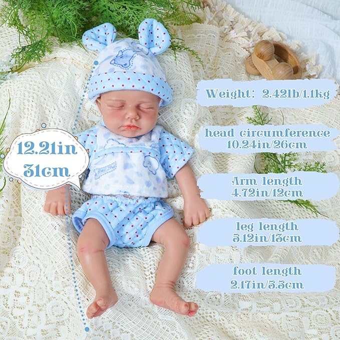 Reborn Baby Dolls Silicone Full Body 12in Weighted Real Life Closed-Eyes Boy Dolls Lifelike Newborn Baby Soft Body Flexible Limbs Not Vinyl