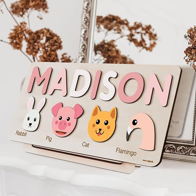 Personalize Name Puzzle for Toddler with Animal, Baby Gift for Girl and Boy 0 1 2 3 Year Old, Personalized Puzzle for Kid, 1 Year Old Kid Gifts, Customized Baby Gift, Educational Name Toy