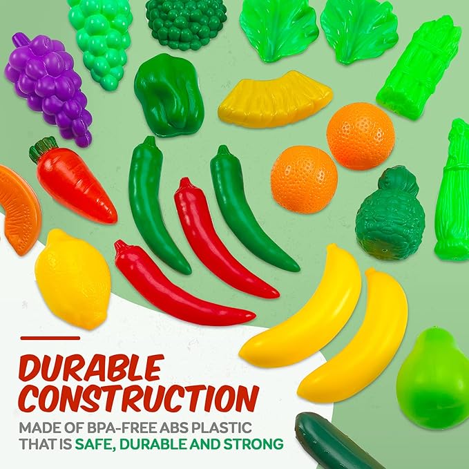 MEDca Kids Play Food Set - 130 Piece Pretend Play Collection - Assorted Fake Food Set Includes Fruits, Vegetables, Snacks, Dessert, Juices, Canned Goods and More for Boys and Girls