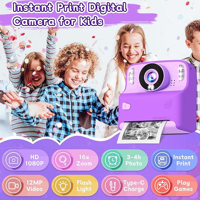 Kids Instant Print Camera, 1080P Digital with 32GB Card, Portable with Lanyard, for 3-8 Year Old Girls & Boys