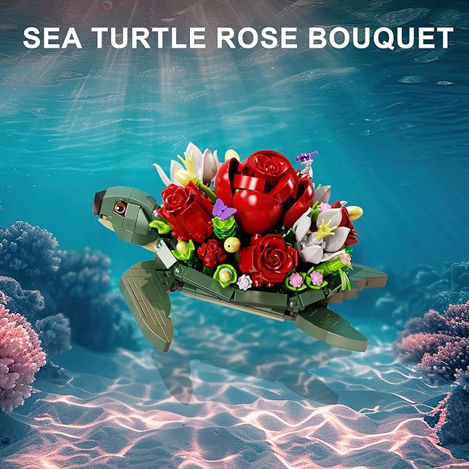 Sea Turtle Rose Bouquet Succulent Planter Building Set, Compatible with Lego Flowers Plants Pot, Creative Plants and Animals Home Decoration Blocks Toy, Gifts for 6+ Girls, Women (588PCS)