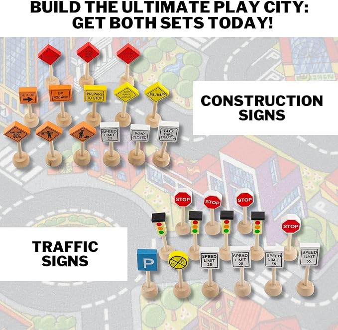 Attatoy Kids Wooden Street Signs Playset (14-Piece Set), Wood Traffic Signs Perfect for Car & Train Set