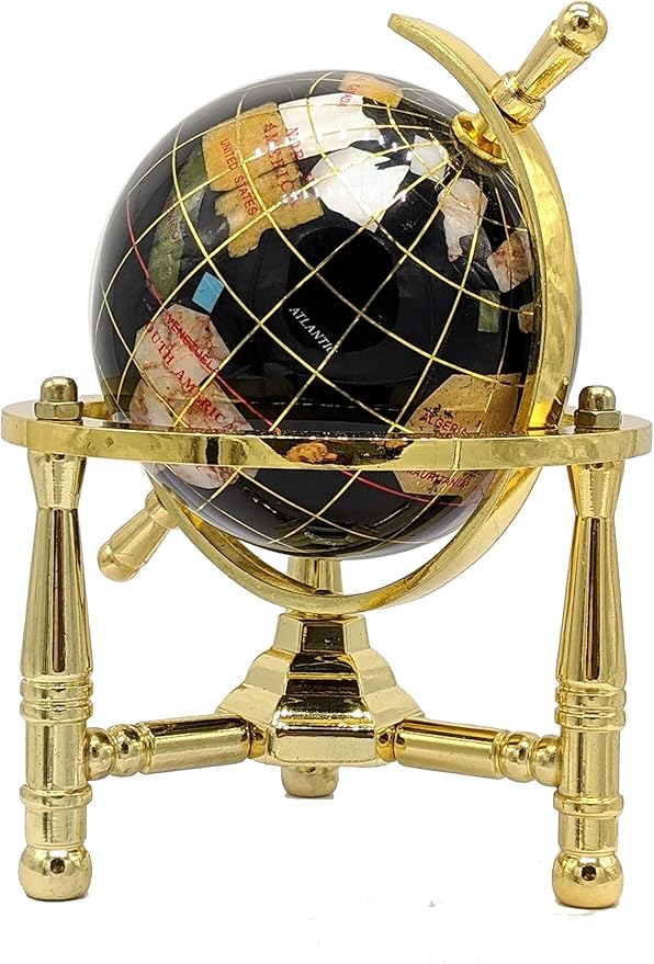 Unique Art 6-Inch by Black Onyx Ocean Mini Table Top Gemstone World Globe with Gold Tripod