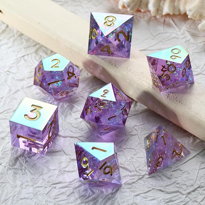 Iridescent Plating Lilac Sharp D&D Dice, DNDND Handmade DND Resin Sharp Edge D&D Die with Gift Case for Dungeons and Dragon Tabletop Games (Iridescent Plating Lilac)