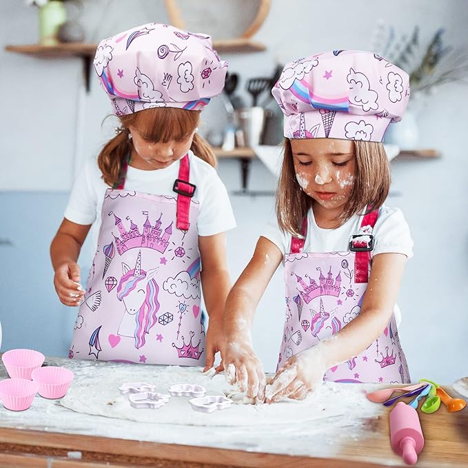 Anpro Complete Kids Cooking and Baking Set - 27 Pcs Includes Aprons for Girls, Chef Hat, Mitt & Utensil to Dress Up Chef Costume Career Role Play for 3-7 Years Girls