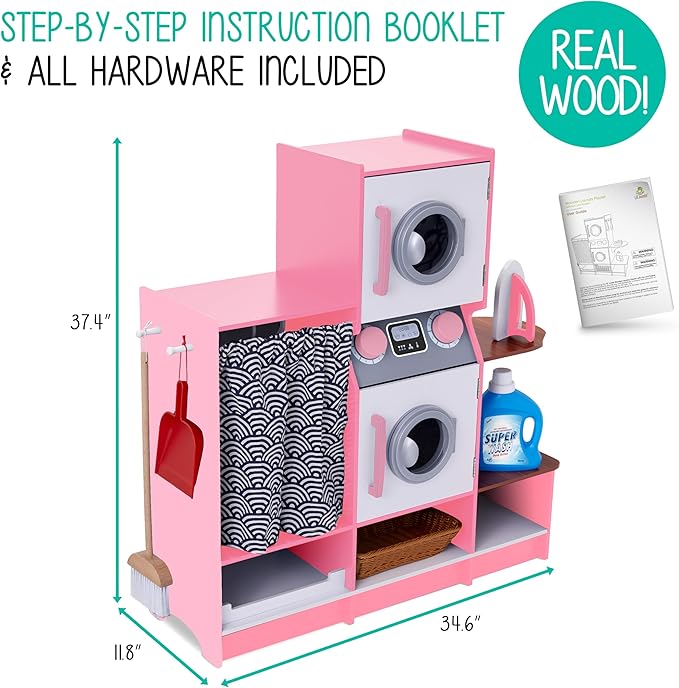 Lil’ Jumbl Kids Washer and Dryer Playset, Wooden Children's Pretend Laundry Set, Includes Broom, Dustpan, Iron, Hangers & Basket, Realistic Laundry Room for Kids - Pink