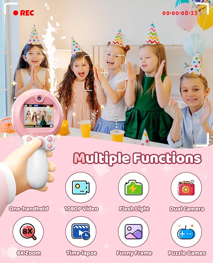 TEKFUN Kids Camera Toy for Girls - Birthday Gifts with Magic Wand Design - Digital Video Camera for Kids with 32GB SD Card - Easter Basket Essentials for Little Girl 2 3 4 5 6 Year Olds (Pink)