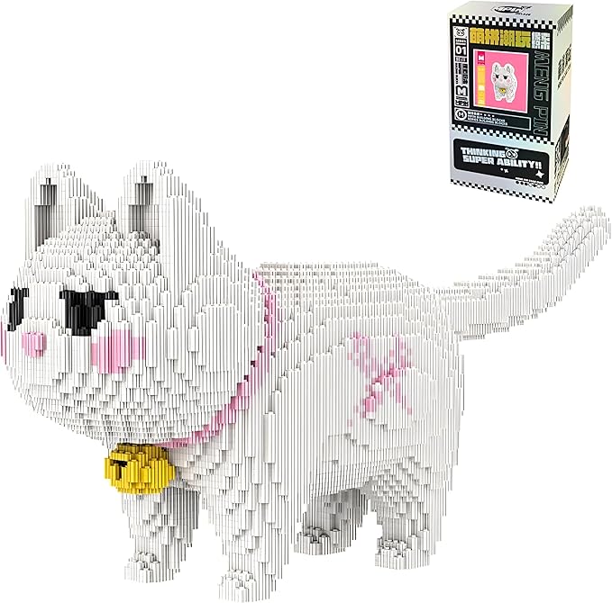 Animal White Striped Bell Cat Micro Mini Building Blocks Sets Large Cute Cat Building Kits Model Toys Gift Adults Kids Teens 5760 PCS