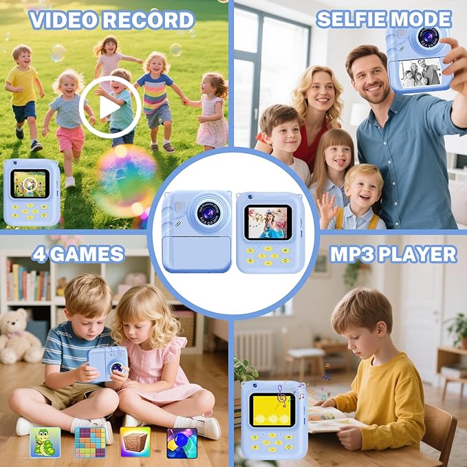 Instant Print Camera for Kids, 1080P Video Camera with 3 Print Rolls, 32GB Card & Cute Cover, Gift for Girls Boys Age 3-12, Toddler Digital Camera with Games, Filters, Music – Blue