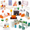 PairPear Wooden Dollhouse Furniture Set,56 Pieces Doll Furnitures with 5 Room Kits Play Fingers,Doll House Miniature Furniture Pretend Play Toys Gift for Toddler Boys and Girls 3Y+