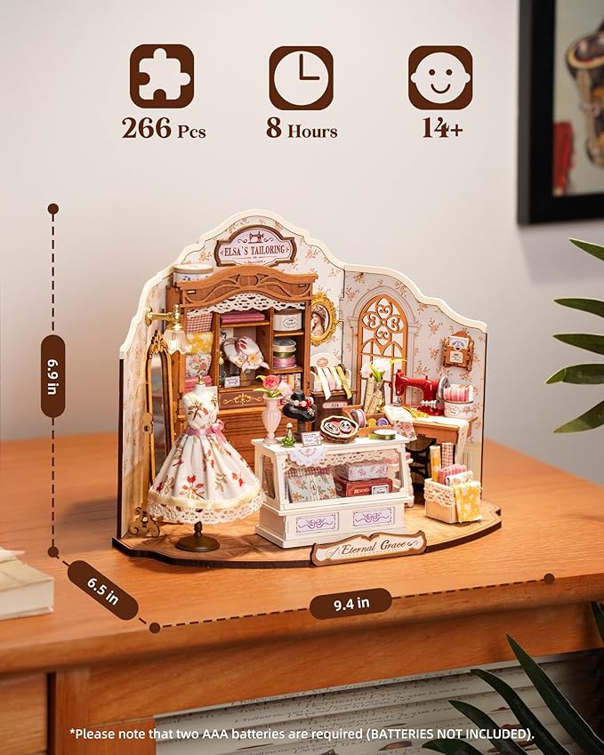ROBOTIME DIY Miniature House Kit, Elsa’s Tailoring Dollhouse Kit, Mini Wooden Furniture Kit for Adults, Sewing Shop Building Model, Creative Craft Gift for Birthday/Christmas/Hobby Enthusiasts