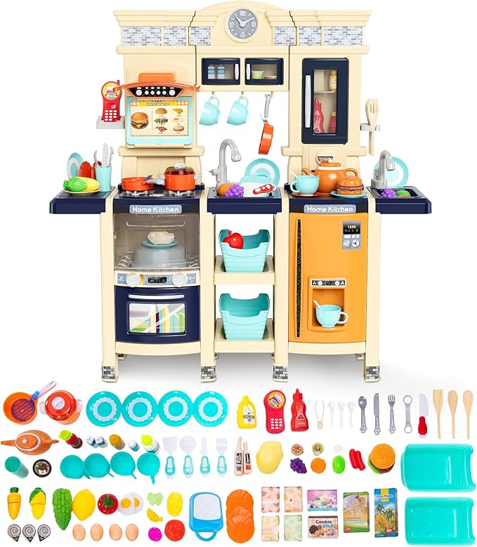 【2025 Upgraded】 Kitchen for Kids Interactive Play Kitchen for Kids Toddlers-Lightweight Easy-Install Pretend Kitchen with Tablet Ordering, Music, Lights Sounds, Steam Stove, Sink & Dishwasher(Blue)