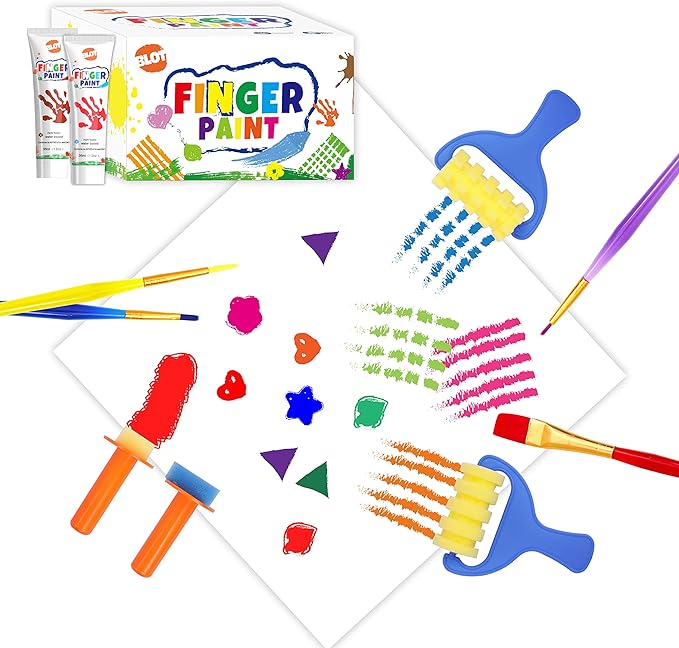 Early Learning Kids Paint Kit Washable Finger Paints with Assorted Painting Brushes Stamps Sponges Palette for Toddlers Children Crafts Drawing Gift Age 3+