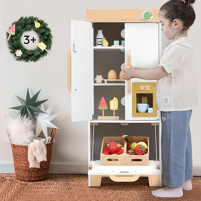 PairPear Wooden Toy Fridge for Kids Kitchen, Toddler Pretend Play Refrigerator with Real Ice‑Drop, Magnetic Stickers, Kids Toy Food Play Kitchen Accessory Gift for Boys & Girls Age 3+