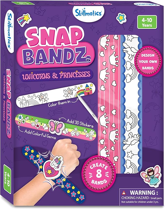 Skillmatics Art & Craft Activity - Snap Bandz, Unicorns & Princesses, Stocking Stuffers, DIY Mess-Free Creative Kit, 8 Bands (8.6"), for Girls & Boys Ages 4, 5, 6, 7, 8, 9, 10