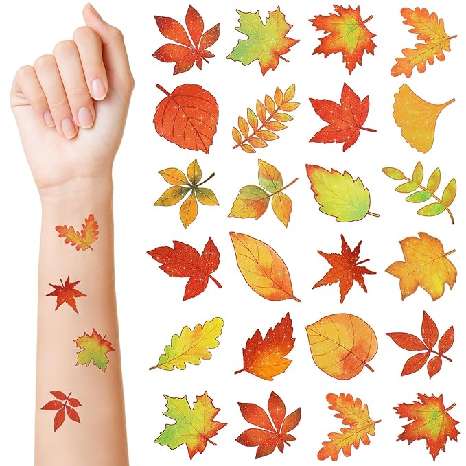 Landhoow 240 Pcs Fall Glitter Temporary Tattoos Fall Leaves Glitter Tattoos Maple Elm Leaves Seasonal Face Temporary Sticker for Autumn Themed Party Body Face Supply