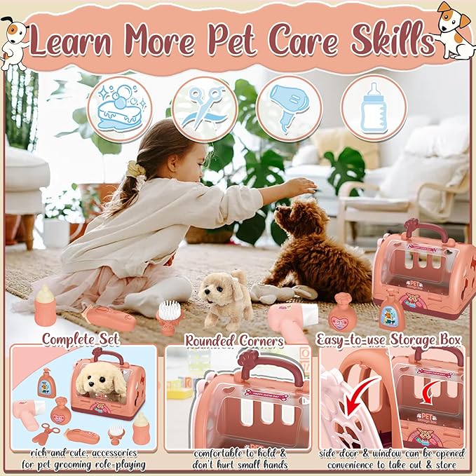 TEUVO Pet Care Play Set Robot Dog Toys for Kids 12Pcs Puppy Dog Toy Pet Walk Grooming Vet Toys Set with Interactive Electric Dog Plush & Cage Pretend Play Gifts for Girls Toddlers 3 4 5 6 7 8 Year Old