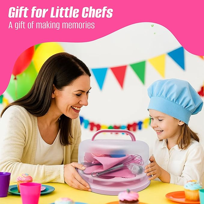 Perlli Kids Cake & Cupcake Baking Set – 51 Pieces Real Utensils & Decorating Kit with Carrier Safe Baking Supplies Gift for Junior Chefs Girls & Boys (Pink)