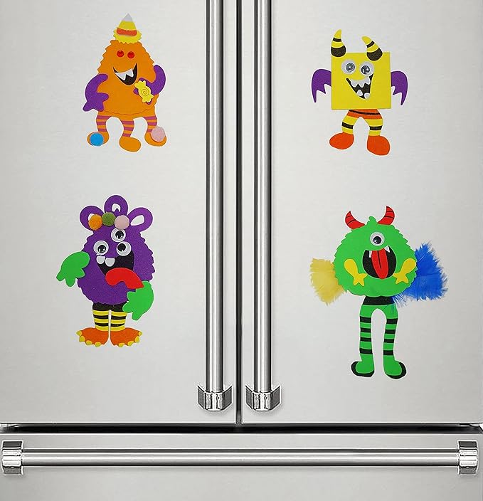 4E's Novelty Halloween Crafts for Kids (24 Pack) Bulk Silly Monster Crafts with Magnetic Foam Stickers, Make Your Own Monster Kit for Fall Halloween Classroom Party Activities