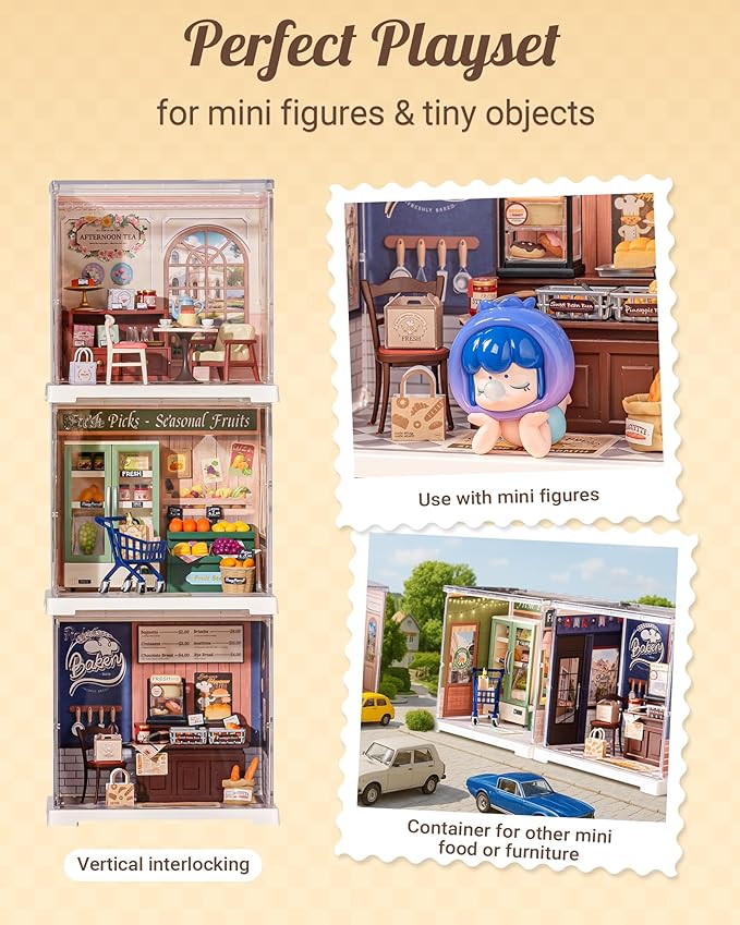 Rolife Super Creator Mini-Size | DIY Miniature Plastic House Building Set Playset with Dustcover, Suitable for Mini Figures Construction Toys Diorama Gifts for Adults (Butter Bakery House)