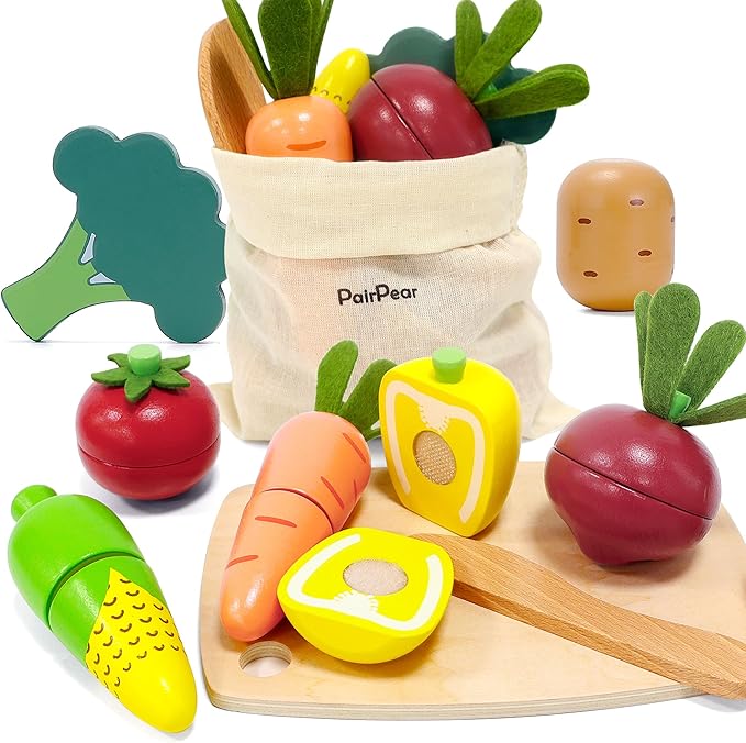 PairPear Wooden Toys Play Food Sets for Kids Kitchen, Kids Toy Food Cutting Vegetables Set for Toddlers 3+ Years Old, Pretend Food Play Kitchen Accessories for Girls and Boys