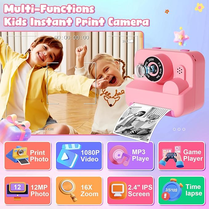 Kids Camera Instant Print - 1080P HD Video Digital Camera for Toddler with Printing Photo Paper, Portable Toy for 4 5 6 7 8 9 10 Years Old, Christmas Birthday Gifts for Boys Girls (Pink)