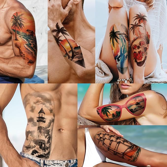 77 Sheets Temporary Tattoo, Sunset Sunglasses Beach Flower Palm Tree Hawaiian Themed Waterproof Fake Tattoos, Holiday Temporary Tattoos for Men Women Kids Party and Goody Bag Stuffers
