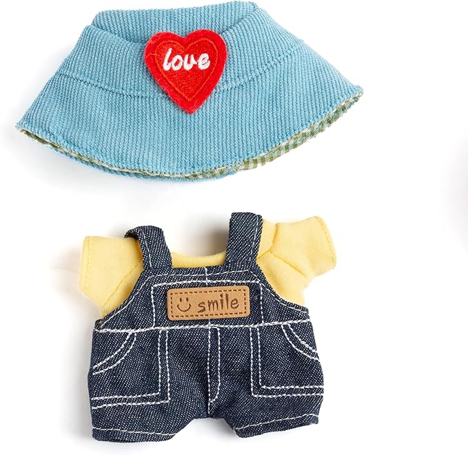 17cm Doll Clothes for Labubu - Kawaii Chic Style Set for 17cm Dolls, Cute Doll Outfit with Accessories - Denim Romper + Yellow T-Shirt + Heart Shaped Blue Hat (Clothes Only)