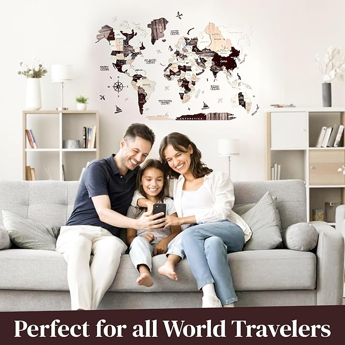 KPSKE 3D Wooden World Map for Wall - Wall Accent Map with Ocean Names, Boats, Compass and More - Wood Travel Map with 50 Pins (Mocha)