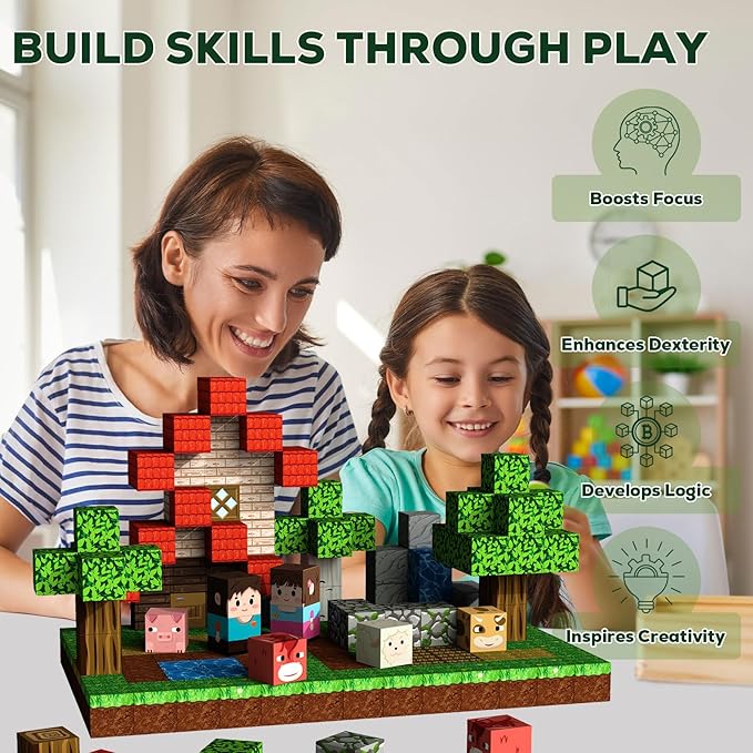 Magnetic Blocks 100 Pieces for Kids Magnetic Tiles, 3D Sensory Construction Building Toys for Toddlers, Farm Animal Magnet Cubes Tree Forest Stacking Toys Games for Ages 3-12