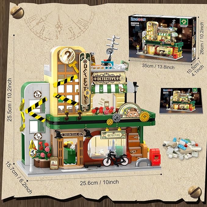 Detective Agency Building Set with LED Light, 1231PCS Detective House Building Block Toy with Clue Wall, Office Construction Model for Easter Mother's Day for Adults Teens Kids Boys Girls 10+