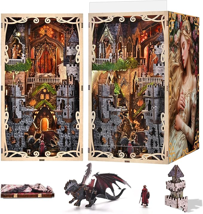 Book Nook Kit, DIY Miniature Dollhouse Booknook Kit, 3D Wooden Puzzle Bookend Bookshelf with LED Light for Adults Teens, Gifts for Family and Friends (Sleeping Beauty)