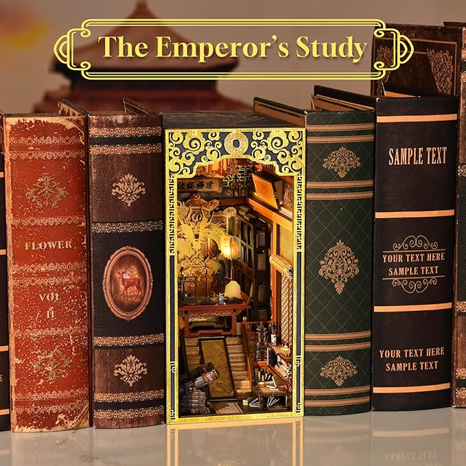 DIY Book Nook Kit, DIY Miniature Dollhouse Booknook Kit, 3D Wooden Puzzle Bookend Bookshelf Insert Decor with LED Light for Teens and Adults (The Emperor’s Study)