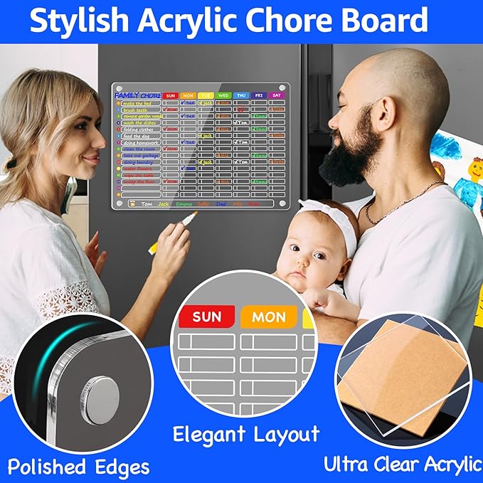 PigPotParty Acrylic Magnetic Chore Chart for Family & Multiple Kids – 16"x12" Large Dry Erase Chore Board for Fridge, Daily & Weekly Responsibility Chart for Adults, Includes 12 Markers & 1 Towel