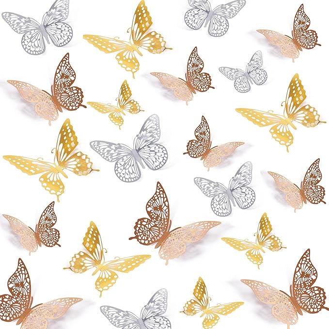 SAOROPEB 3D Butterfly Wall Decor, 72 Pcs 3 Styles 3 Sizes, Removable Metallic Wall Decor Sticker Room Mural Decals for Kids Bedroom Nursery Classroom Party Decoration Wedding Decor DIY Gift (3 Color)