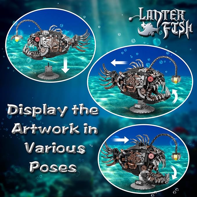 Mechanical Lantern Fish Building Sets for Adults, Compatible with Lego, Creative Ocean Animal Toy for Home Office Decor, STEM Gift for Boys 8-14