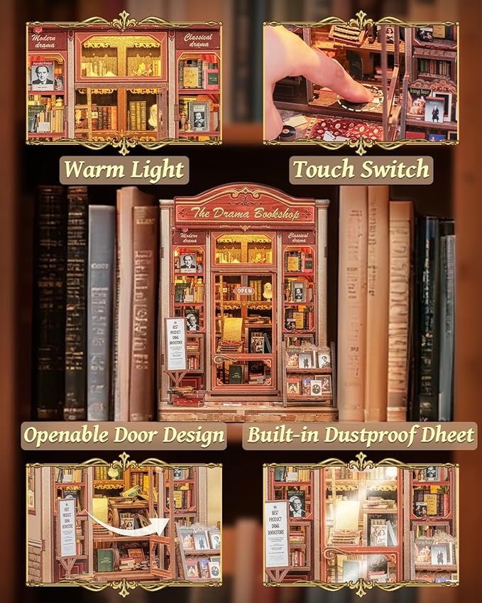 CUTEBEE Book Nook Kit - DIY Miniature House Dollhouse Kit for Adults and Teens, Booknook Tiny House Bookshelf 3D Wooden Puzzle, Gifts for Family (Drama Bookshop)