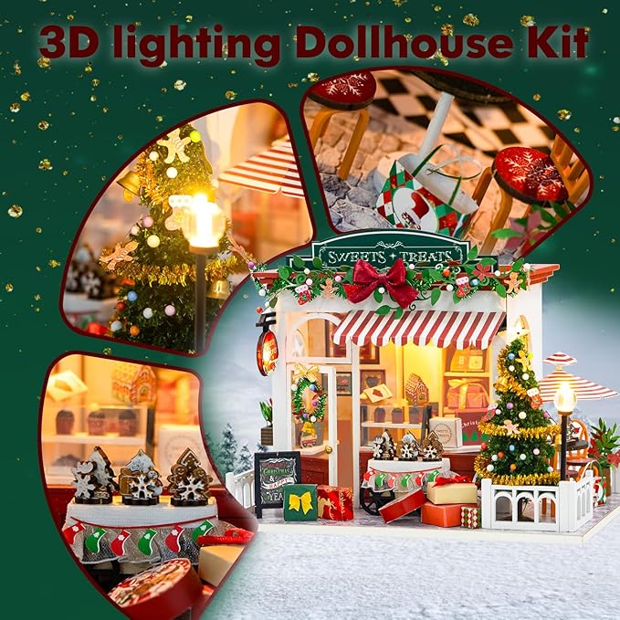 Christmas Miniature Dollhouse Kits, DIY Miniature House Kit, Tiny House with LED, Christmas Village Houses Set, 3D Wooden Puzzle Mini House, Gift for Adults