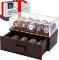 Wooden Display Case with Clear Cover - Medium Coin Stand Holds 20 Coins on Top & 16 in Storage Drawer - Poker Chip Display Case - Brown