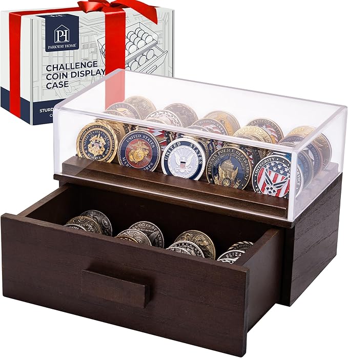 Wooden Display Case with Clear Cover - Medium Coin Stand Holds 20 Coins on Top & 16 in Storage Drawer - Poker Chip Display Case - Brown