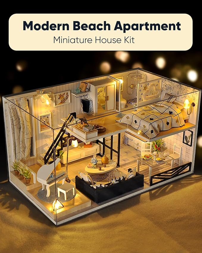 DIY Miniature House Kit, DIY Home Kit for Adults to Build, Modern Dollhouse Kit with Dust Proof & LED, Mayberry Street Miniatures, Ideal Gifts for Birthday,Valentine Christmas(Satisfied Apartment)