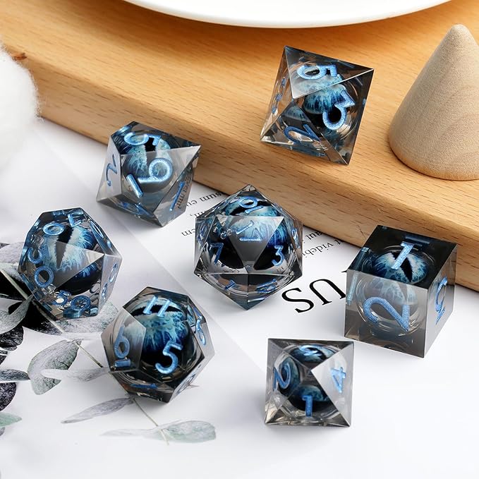 DNDND Dragon Eye Blue Resin Dice Set with Gorgeous Gift Case for Tabletop RPG Games